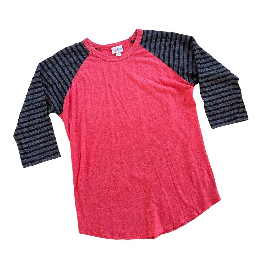 LuLaRoe Women’s Medium Pink Gray Striped 3/4 Sleeve Classic Tee